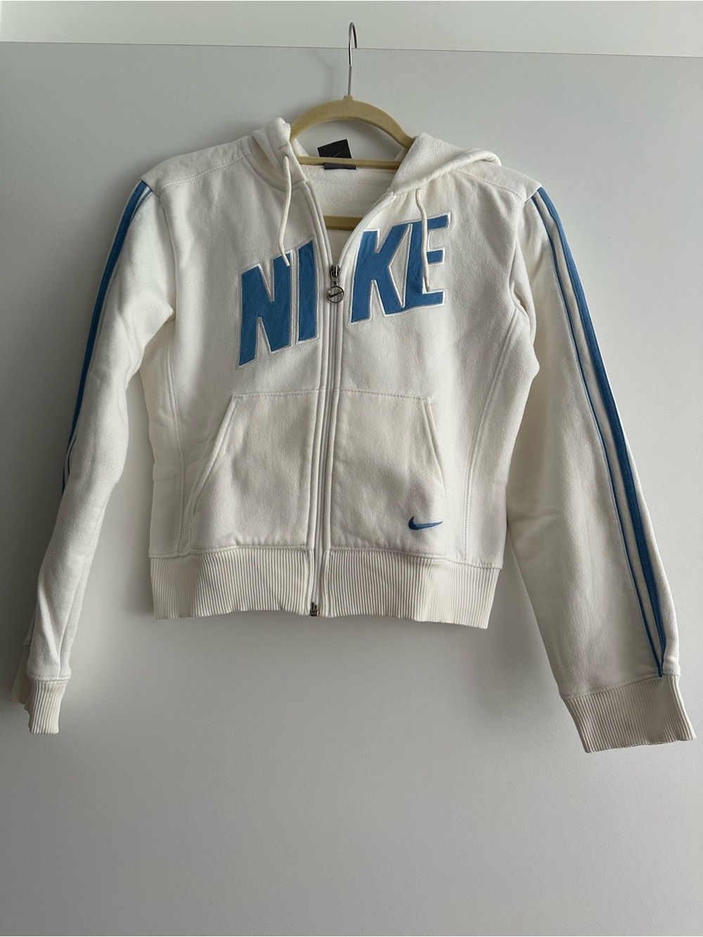 Nike White Zip Hoodie with Light Blue Logo and Stripe
